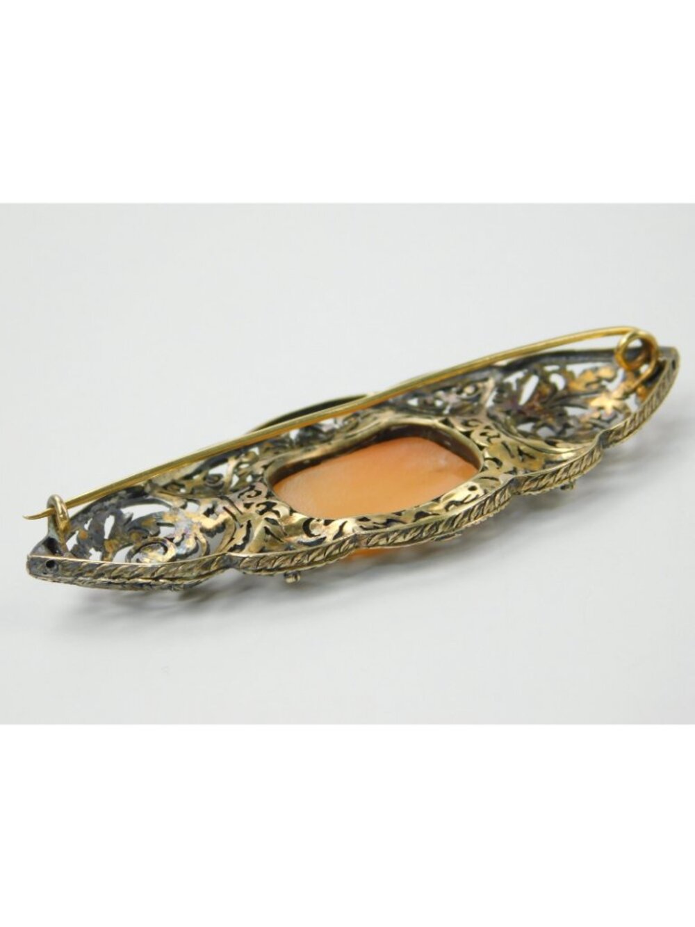Antique 14k Gold 3.25" Filigree Floral Carved Shell Landscape Cameo Brooch Pin - Picture 7 of 16